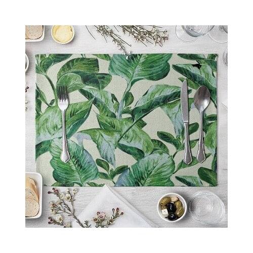 1 Pcs Placemat Table Mat Hand Painted Green Leaves Printed For Tables Heat-insulation Linen Kitchen Dining Pads 40x30cm