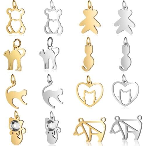 5pcs/lot Lovely Cat Kitty DIY Charms Wholesale Stainless Steel Heart Bear Pendant Wolf Connectors Charm For Jewelry Making