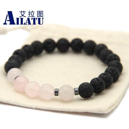 Ailatu Hot Sale Jewelry Black Lava Energy Stone Beads with Pink Crystal Retail for Men and Womens Gift Bracelet