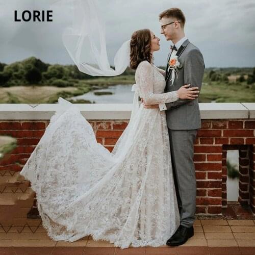 LORIE Bohemian Wedding Dresses V-Neck Lace Romantic Wedding Gown Corset Custom Made Beach Bridal Dress 2021 abito da sposa