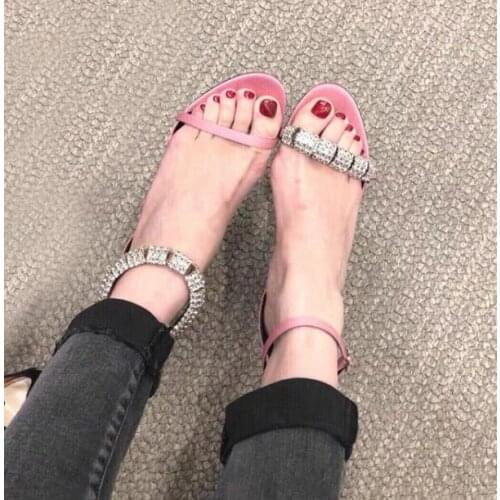 Carpaton Newest Crystal Decorations High Heel Sandals Summer Open Toe Ankle Strap Woman Shoes Thin Heels Party Wedding Shoes