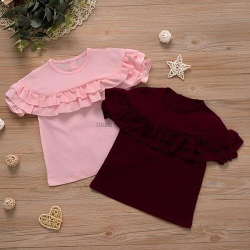 DHL 200pcs Newborn Baby Girls Short Sleeve Pullover Ruffle Solid Blouse Clothes Boho Shirt Tops