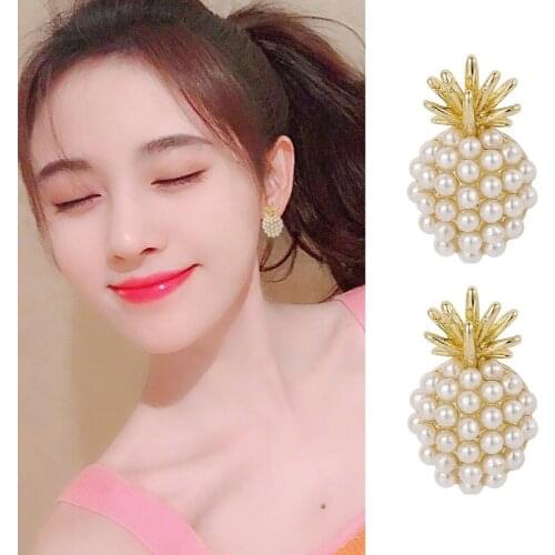 Fruit Pineapple Beads White Simulated Pearls Silver Plated Needles Alloy Geometry Stud Earrings for Women