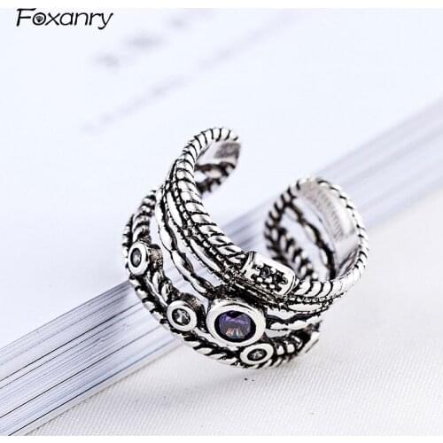 Foxanry Wholesale 925 Sterling Silver Party Rings Vintage Punk-Style Jewelry Accessories Gifts for Women Size 16mm Adjustable