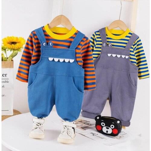 Kids Striped Long Sleeve Shirt Trousers Overalls Set Baby Boys Casual Simple Clothing Trendy Tops Cartoon Jumpsuits Suit Outfit