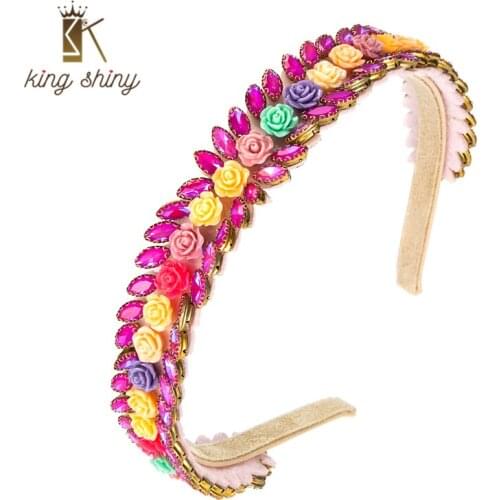 King Shiny Temperamen Korean Porcelain Flower Headband Elegant Multi Color Geometric Crystal Beaded Hairband Girls Party Bezel