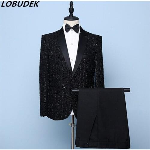 Stage Concert Performance Suit Mens Black Shiny Silk Stripe Suits Singer Host Bar Nightclub Slim Fit Tuxedo Costume 2-Pieces