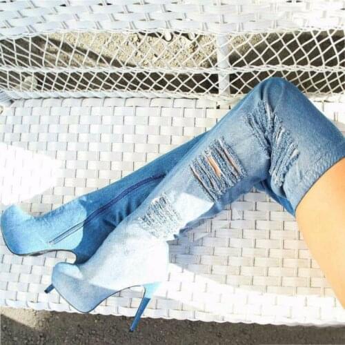 Hot Sale Women Fashion Round Toe Over Knee High Platform Denim Boots Cut-out Slim Style Long High Heel Jean Boots