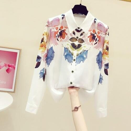 Fashion Design Printed Women Shirts Turn-Down Collar Long-Sleeved Flower Loose Office Lady Elegant Outwear Tops