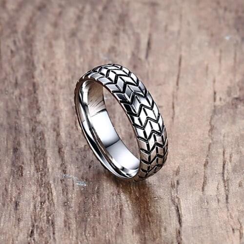 Mens 6MM Silver Color Grooved Tire Tread Style Rings Jewelry Stainless Steel Wedding Bands for Husband Boyfriend Gift