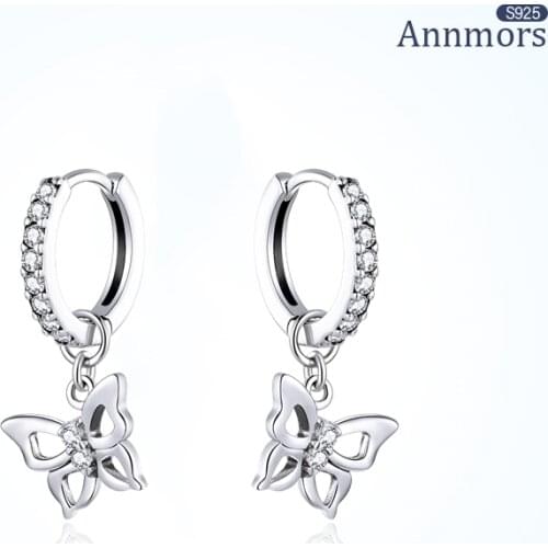 ANNMORS Elegant Jewelry Hoop Earrings Butterfly 3D Hollow 925 Sterling Silver Original Insect Women Wedding Fine Earrings Simple