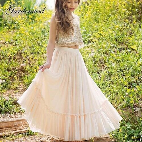 Gardenwed A-line Golden Sequin Kids Flower Dresses For Weddings Prom Dress Tulle Sleeveless Celebrity Dresses,Vestidos