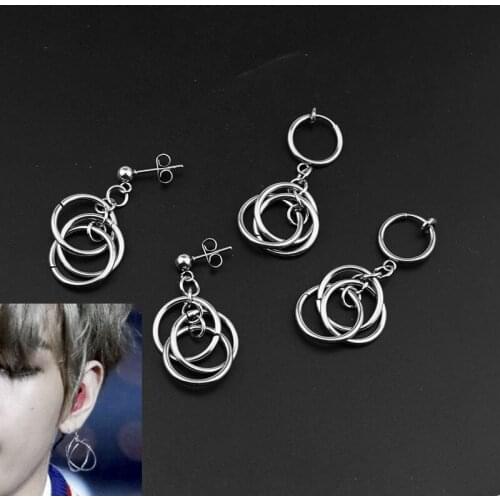 KPOP boys V Stud Earrings Punk Fashion Stereoscopic Circles Earrings Titanium steel jewelry for men women bangtan Fans