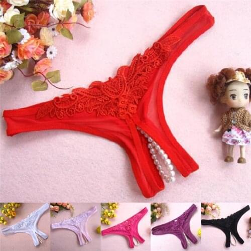 Women Underwear G String Sexy Temptation Panties Low Rise Woman Panties Open Lace Crotch Thong Pearl Massage Cute Embroidery