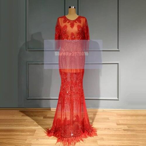 Illusion Round Neck Mermaid Evening Dress Short Sleeves Red Applique Beaded Sequins Tassel Floor-Length Prom Dress 2020 Dubai