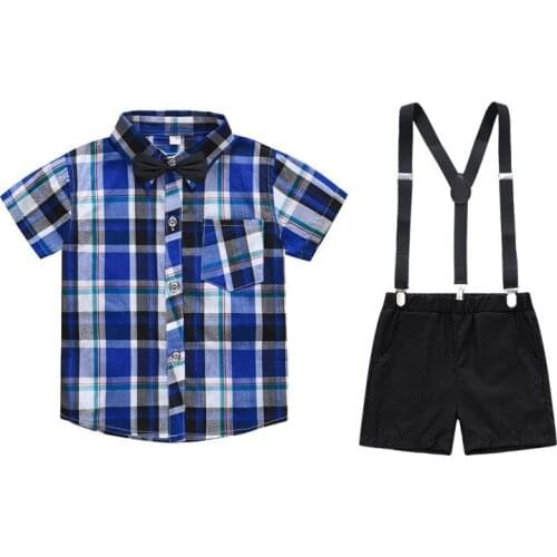Yocute Children Clothes New Set Boys' Classic Plaid Spring Summer Short Sleeve Shorts 2 Piece Suit With Bow Tie Strap Set 3-7T