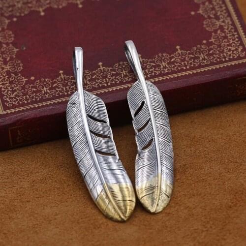 S925 Sterling Silver Jewelry Retro Thai Silver Mens and Womens Feather Pendant Sweater Chain Pendant