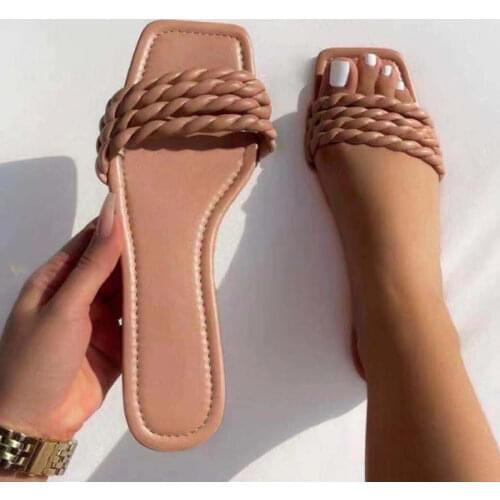 Women Square Toe Slippers 2021 Woman Sewing Weave Flat Summer Female Casual Footwear Ladies Comfort Beach Shoes Plus Size 43