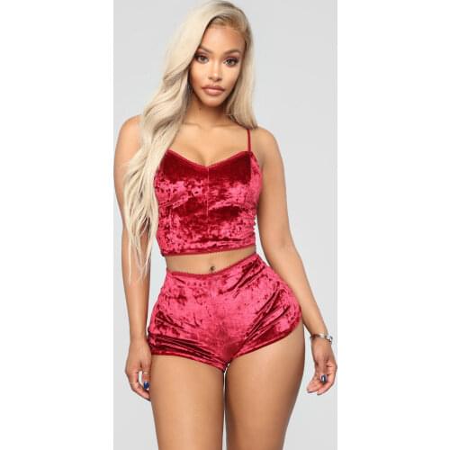 Women 2pcs Velvet Sleepwear Fashion Sexy Spaghetti Strap Velvet Shorts Pajama Set Ladies Sleepwear female Pajama Set