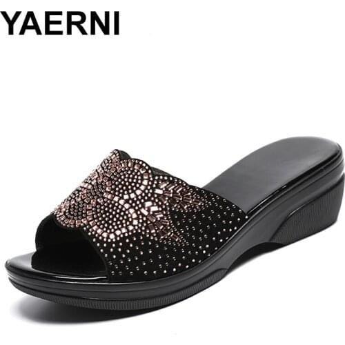 YAERNI women slipper 2020 ladies genuine leather summer slippers shoes women Med heels fashion rhinestone summer shoes