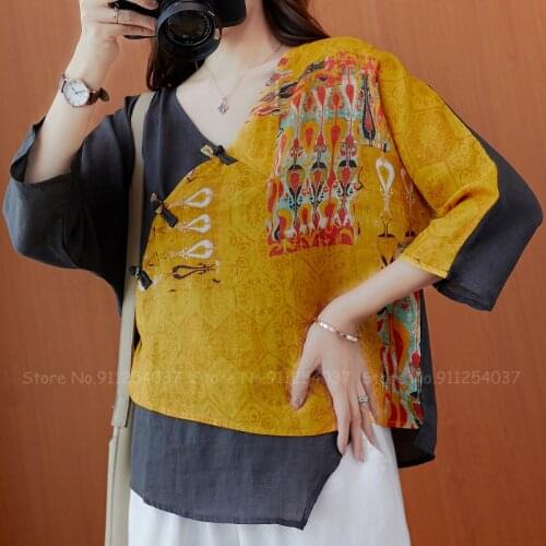 Women Retro Print Qipao Tops Chinese Style Elegant Vintage Cheongsam Shirt Casual Loose Blouse Oriental Clothing T-shirt Outfits