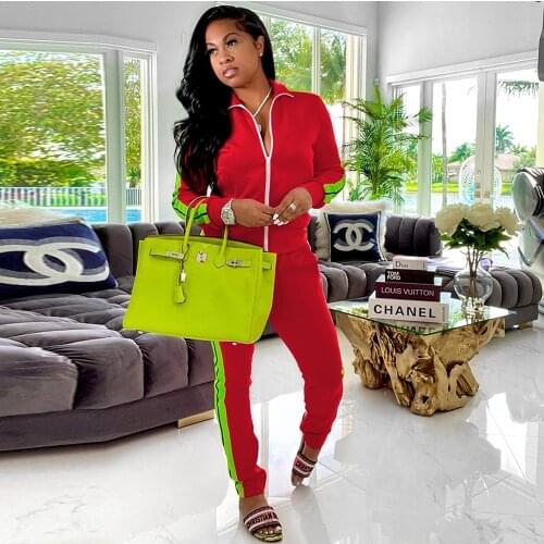 Color Block Spliced Jogging Suit for Women Turn Down Collar Long Sleeve Jacket and Workout Sweatpant Casual Fall Two Piece Set