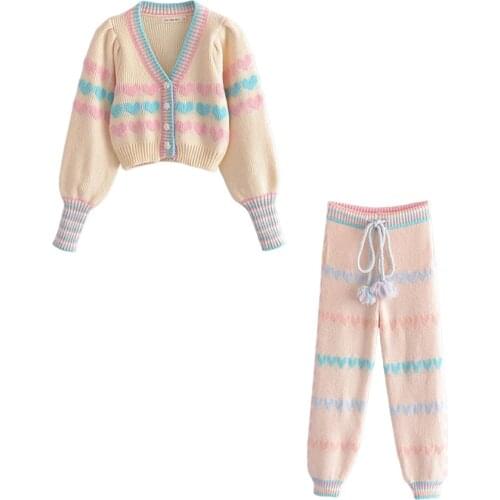 XEASY New Summer Women Vintage Two-Piece Set Sweet Cute Split V- Neck Cardigan Girl Elastic High Waist Casual Knitted Pants Set