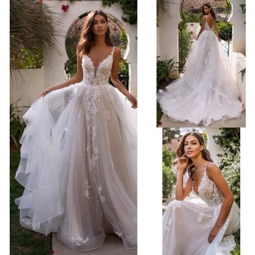 2021 Wedding Dress Long Boho A-Line Backless 3D Flowers Spaghetti Straps Bride Dresses Princess Floor Length Vestido De Noiva