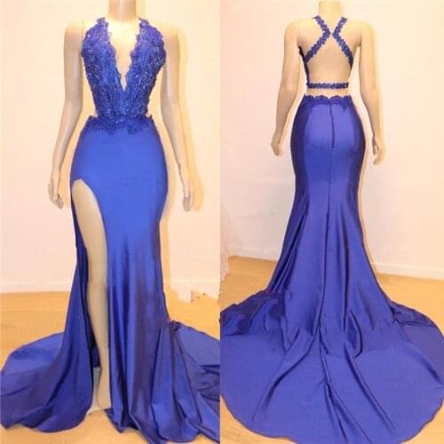 Sexy Royal Blue Mermaid Prom Dresses 2019 Sleeveless Appliques Lace High Slit Backless Women Evening Party Gowns Black Girls