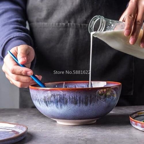1PCS Nordic Ceramic Tableware Salad Noodle Bowl Large Soup Bowl Underglaze Porcelain Plate Dishes