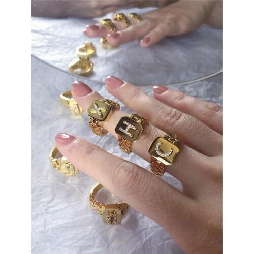 2021 A-Z Initial Rings For Women 26 Letters Meal Zircon Crystal Engagement Jewelry Watchband Chain Link Adjustable Finger Ring