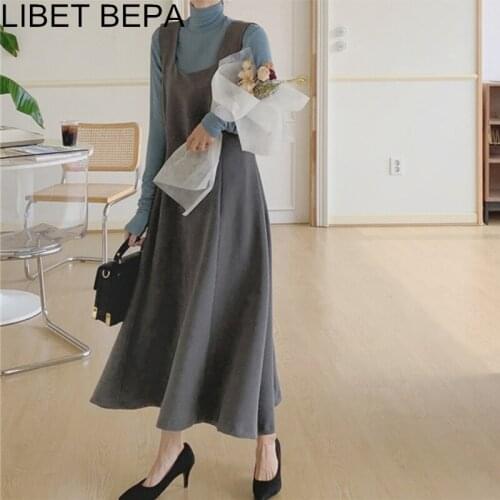 2021 New Spring Autumn Women Sleeveless Dress Vest High Waist Elegant Square Collar Wild Pleated Lady Casual Midi Dresses DR3050