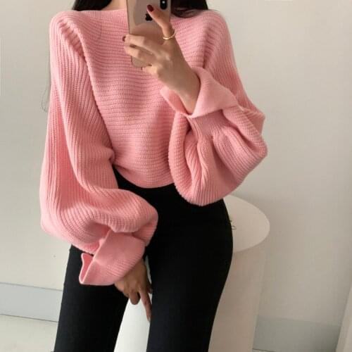 2021 Sexy Slash Neck Short Style Sweaters For Women Autumn Lantern Split Sleeve Knitted Pullovers Winter Knitwear Female W086