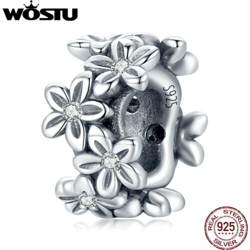 WOSTU 925 Sterling Silver Shining Zircons Vintage Flower Pendant Retro Charm Beads Fit Original Bracelet DIY Jewelry CQC1938