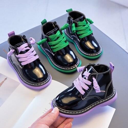 Children Autumn Short Boots Girls Fashion Colorful Shoelaces Martin Boots Boys Bright Patent Leather Boots