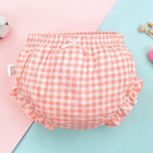 Lucky Big Cat Childrens underwear ruffled small bowknot bread pants printed diaper pants(Pink plaid