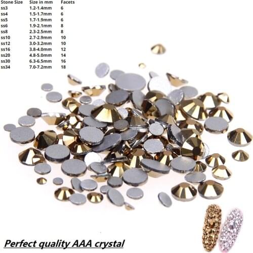 Non Hotfix Crystal Rhinestones Aurum Color SS3-SS34 Flatback Round Facets Glue On Glass Chatons For Nail Cristal Decoration
