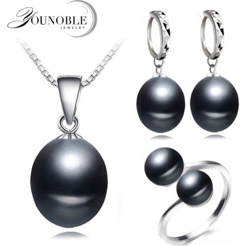 Real wedding black freshwater pearl jewelry set women,natural pearl sets 925 silver necklace earring anniversary gift