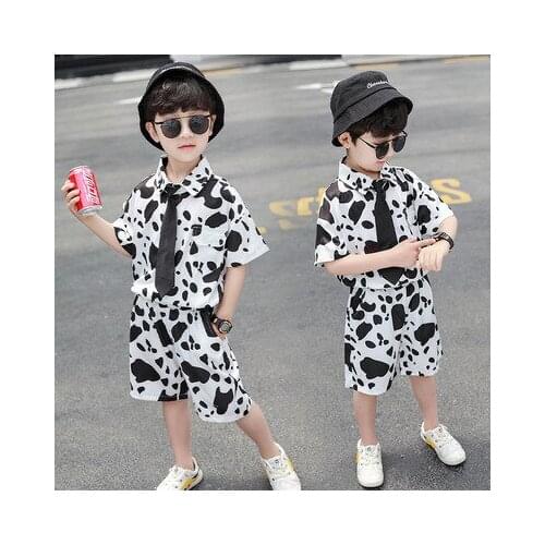 Boys Cow Short Sleeve Suit 2021 Summer New Childrens Korean Fashion Leisure Two-piece Set Kids Short Sleeve Shirt Shorts Sets