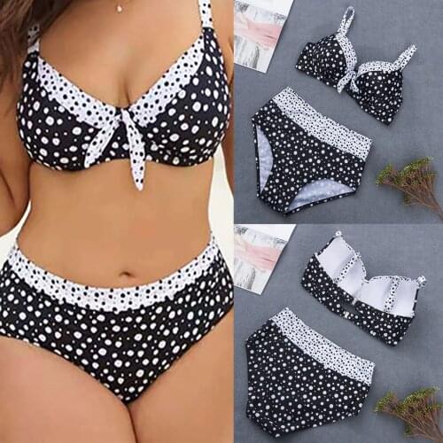 Pokal Dot Print Bikini Set Women Plus Size Print Striped Split Two Piece Swimsuit Swimwear Women High Waist Beachwear