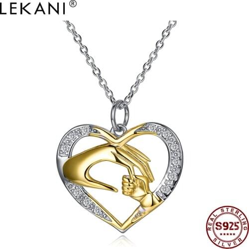 LEKANI Romantic 925 Sterling Silver Pendant Necklaces Women Clear Cubic Zircon Heart Shaped Handshake Necklace Fine Jewelry