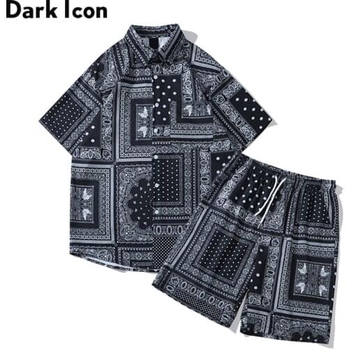 Dark Icon Bandanna Printed Hawaii Shirt Casual Beach Suit Men Fashion Short Sleeve Top +Cool Shorts Hot Sale Set Clothing