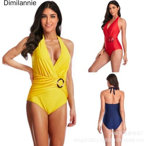 2021 New Swimsuit Sexy Bikini One Piece Neck Swimsuit Womens Slim Cover Belly Cross Border Foreign Trade Deep V Swimsuit