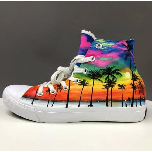 Wen New High Top Women Men Sneakers Canvas Skateboarding Shoes Original Design Hawaii Color Coconut Palm Hand Painted Art
