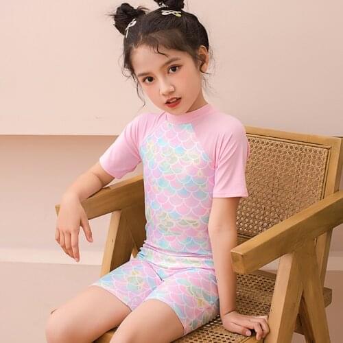 New Swimwear One-Piece Fish Scale Print Summer Baby Short Sleeve Swimsuit Big Kids Beachwear Children Bathing Suits Vacation