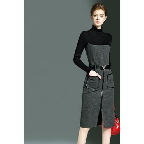 Autumn Winter Dress Women Fashion Patchwork Office Dress Female Slim Long Sleeve Kintted Dress With Belt C15DQ1623