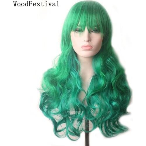 WoodFestival Wavy Green Synthetic Wig With Bangs Wavy Long Hair Halloween Cosplay Wigs Women Purple Pink Red Blue White Colored