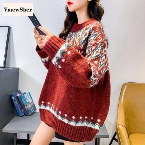 VmewSher New Christmas O-neck Argyle Pullover Red Women Sweater Autumn Winter Warm Thick Vintage Long Sleeve Loose Knitted Tops