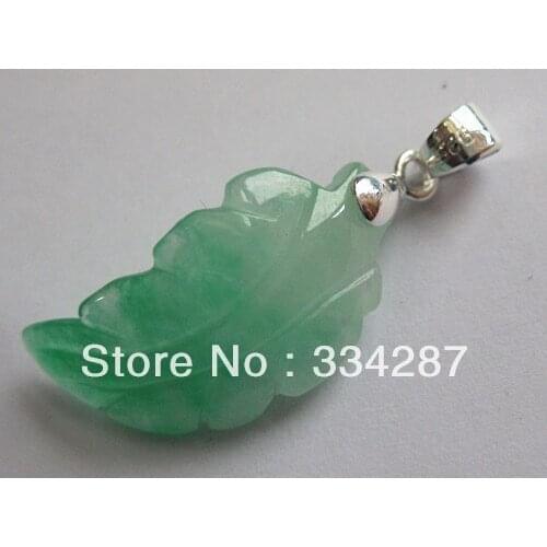 Rare! Free shipping Silver color Hand-carved Irregular Leaf Green Jadestone Pendant