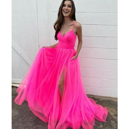 VKBRIDAL Sexy V-Neck Tulle Hot Pink Slit Prom Dresses Long Criss-cross Abendkleider Formal Evening Wear Homecoming Party Gowns